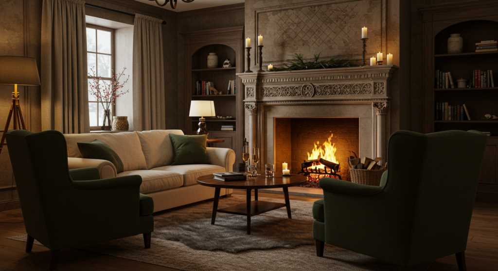 Winter living room furniture arrangement: cozy, warm, focused on conversation and heat sources.