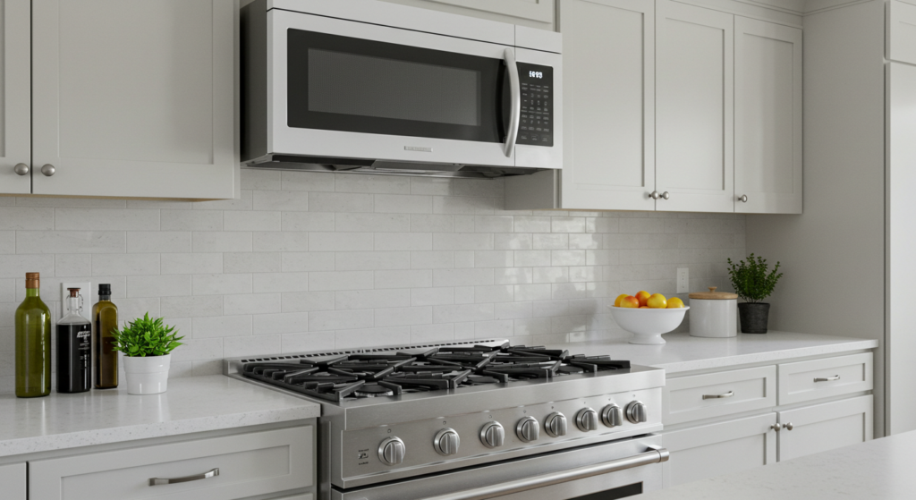 A new, sleek microwave installed above the range.