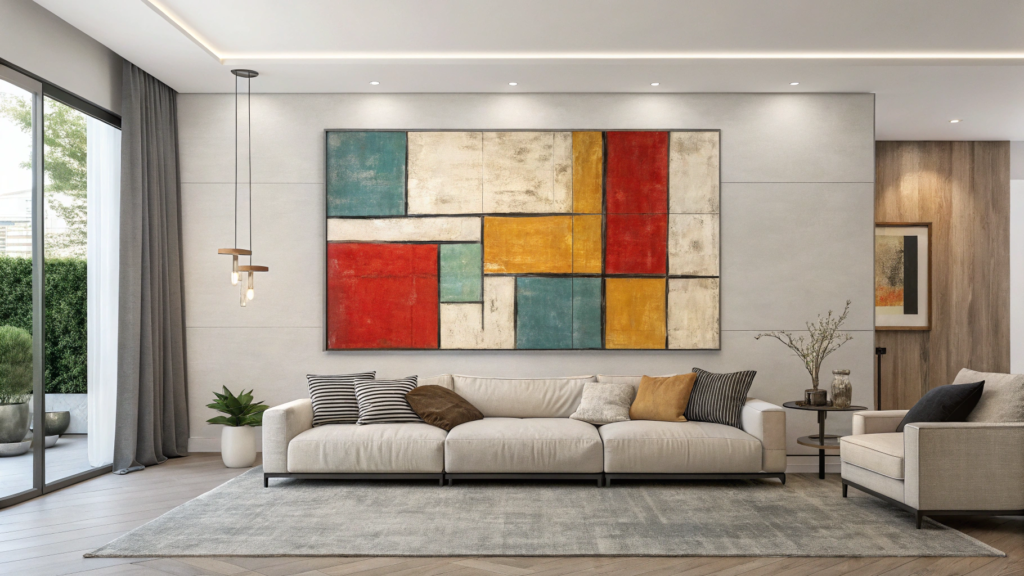 DIY large-scale abstract canvas art using a drop cloth, budget-friendly and impactful.