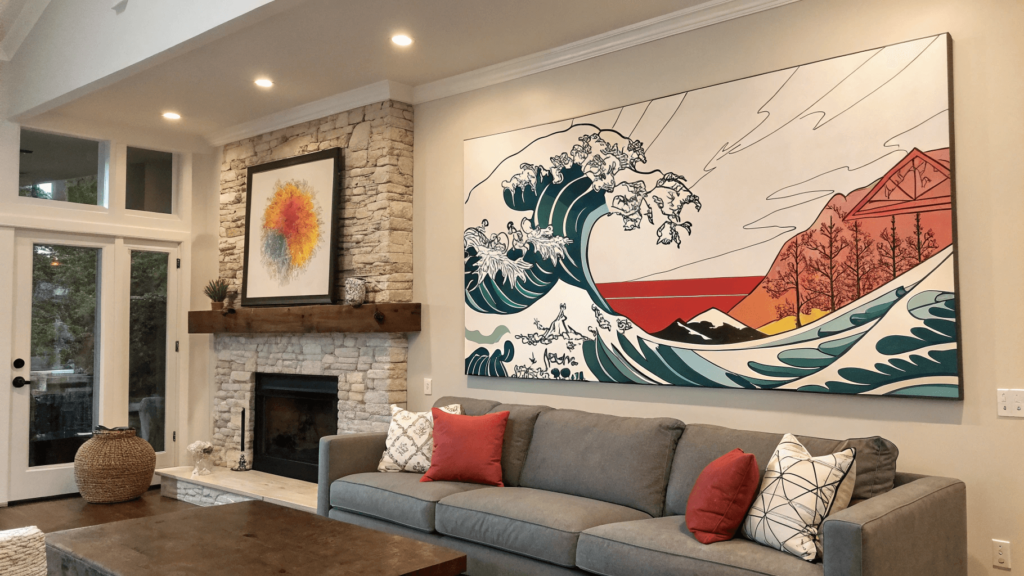 Living room with oversized abstract canvas print above sofa.