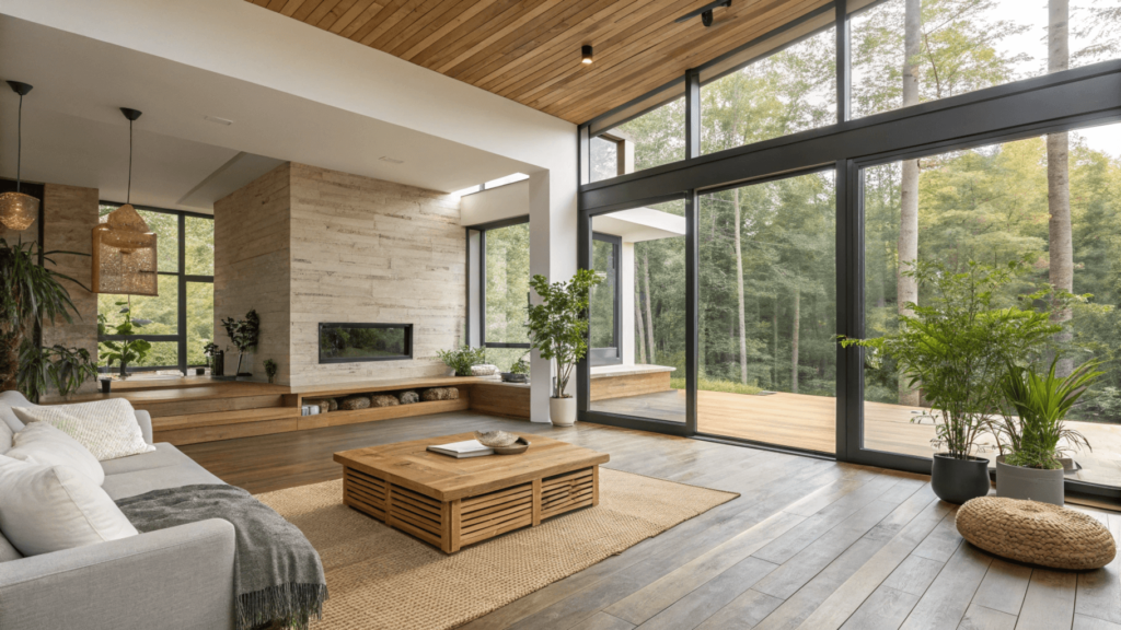 ustainable Materials for Home Remodeling Modern home interior featuring sustainable materials with natural lighting