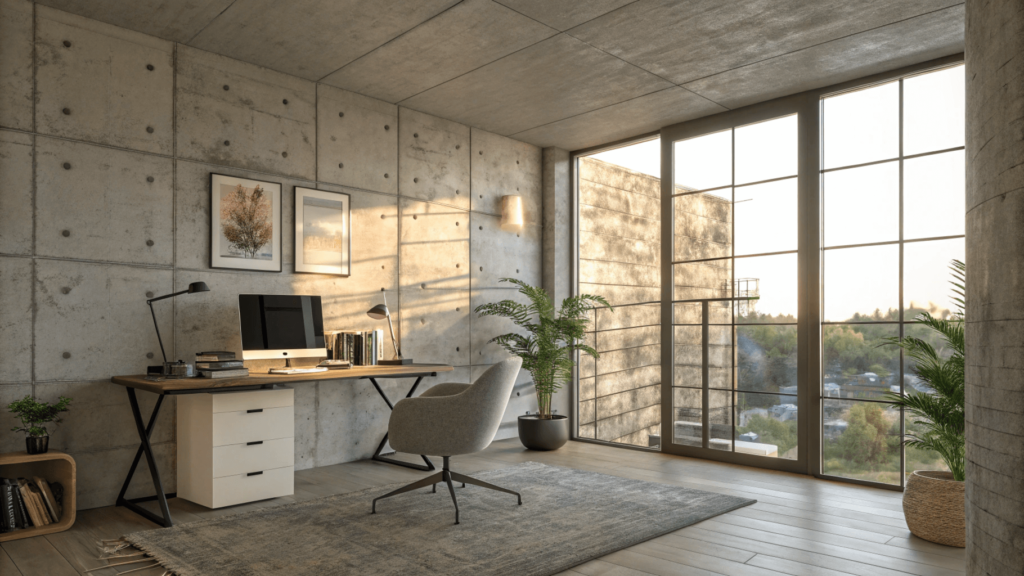 Transform Your Home Office: High-End Cement Wall Renovation Ideas Modern home office with exposed concrete wall and minimal furnishings