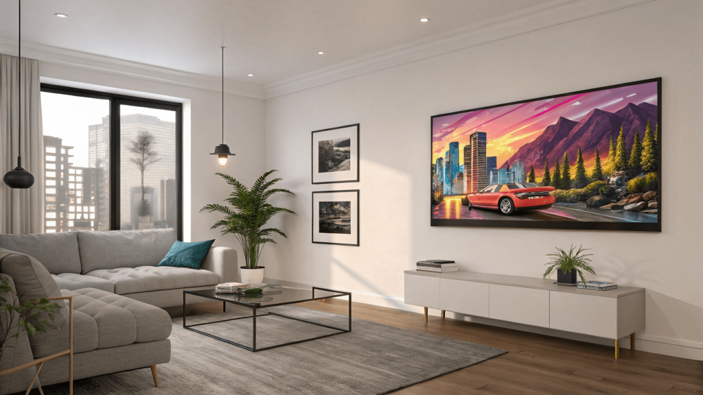 Modern living room with digital art display showing abstract art.