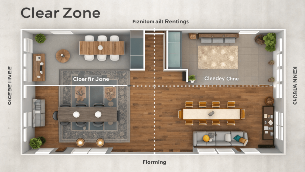 Overhead view of a room showing clear zone definitions through furniture placement and rugs