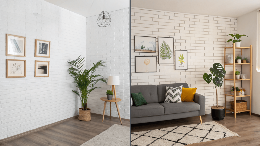 Before and after: Room transformed from plain to stylish with modern wall art.