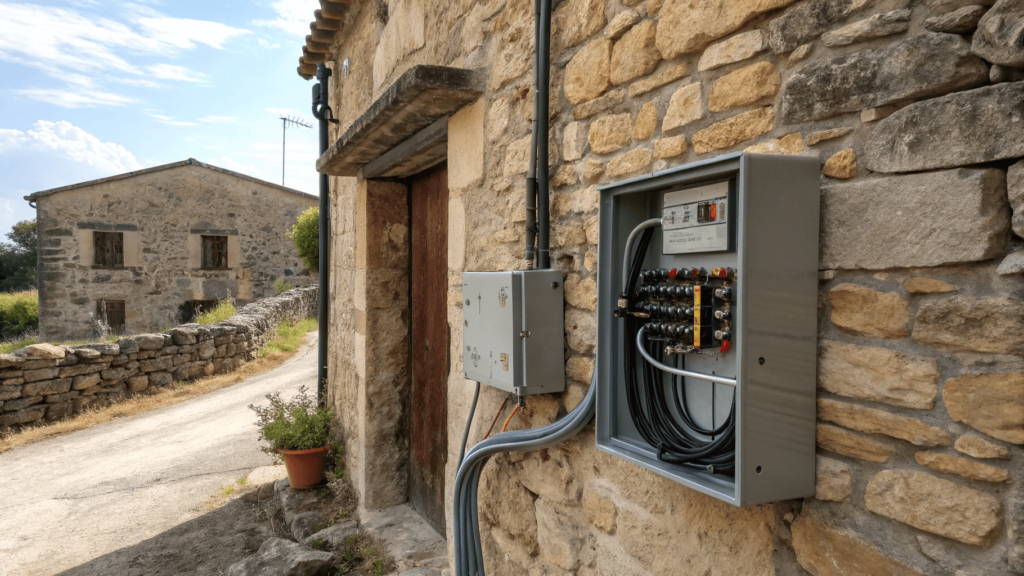 This image shows an example of surface-mounted conduit for electrical wiring within an old stone house. The wiring is contained in metal casing, which is attached to the wall to avoid damage or disruption of historical elements. This approach integrates modern electrical systems while preserving the character of the home