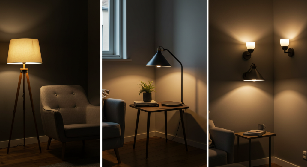 A collage or a few individual images illustrating layered lighting a room with a floor lamp, a table lamp, sconces, and some ambient lighting