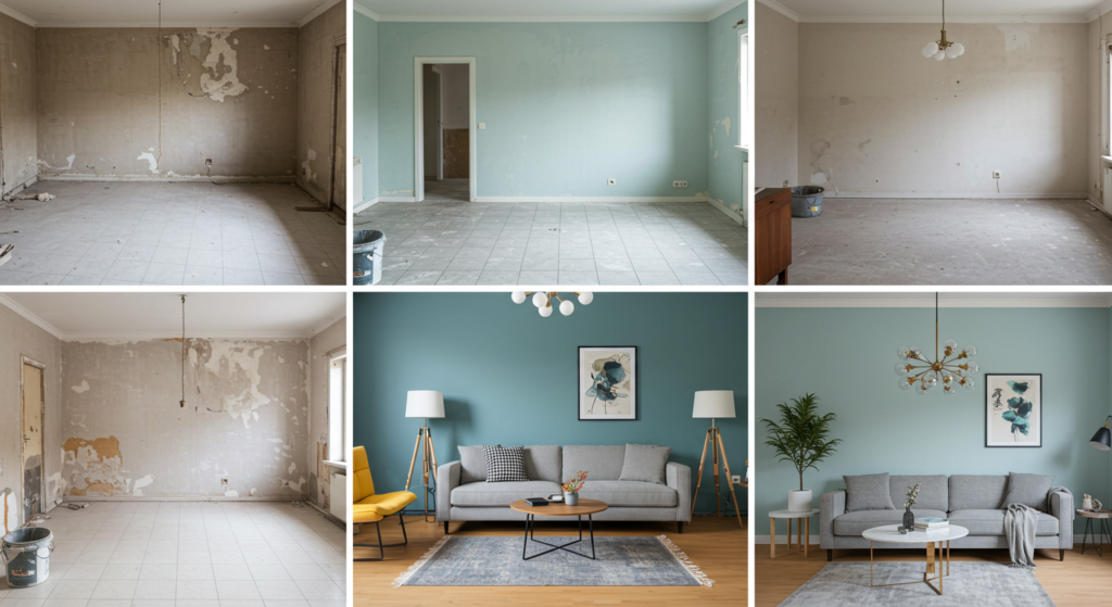 A series of before, during, and after photos of a room transformation process, perhaps displayed as a slider or gallery