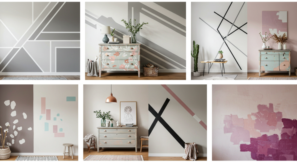 Multiple examples of creative paint applications, maybe a carousel with different ideas - an accent wall, a painted dresser, a geometric design