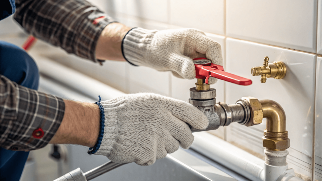 A close-up of a hand turning off a water shutoff valve, illustrating the importance of shutting off the water supply before attempting any plumbing repairs. A well-lit area and the person is wearing gloves, emphasizing safety