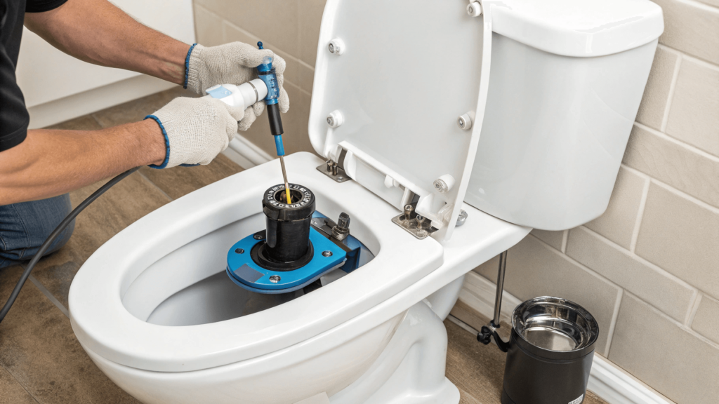 A close-up of a new flapper being installed into a toilet, to showcase the importance of making sure that the flapper is properly connected to the flush mechanism and that it forms a tight seal when the toilet is refilling with water.