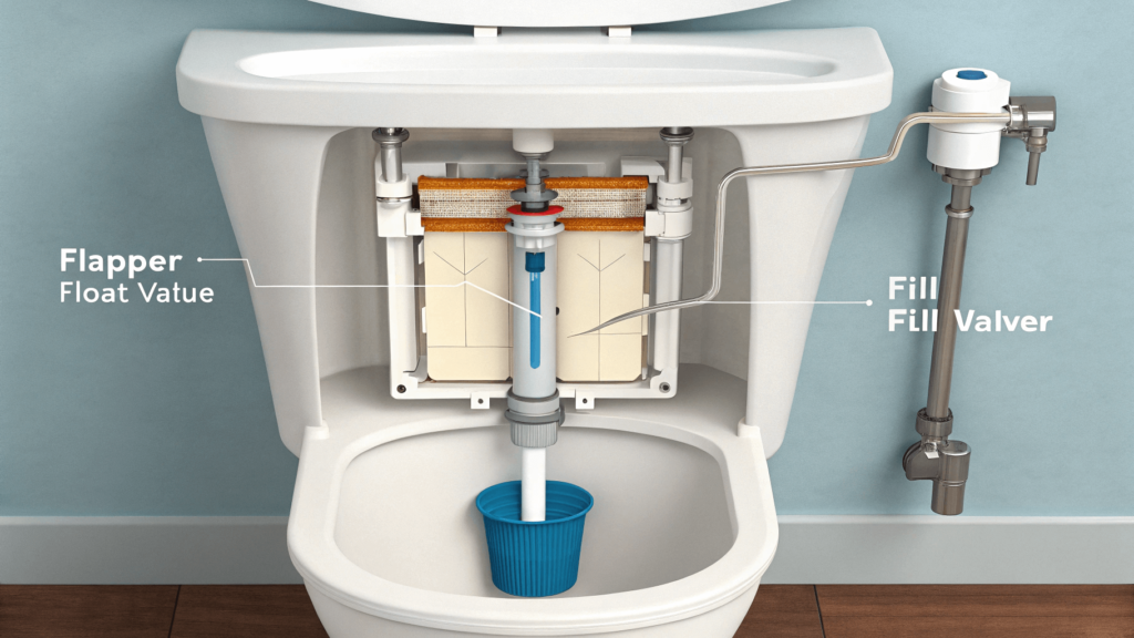 An image of the inside of a toilet tank, highlighting the main components, such as the flapper, float, and fill valve, that can cause a running toilet. This will help the user identify the parts, so that they can locate the problem.