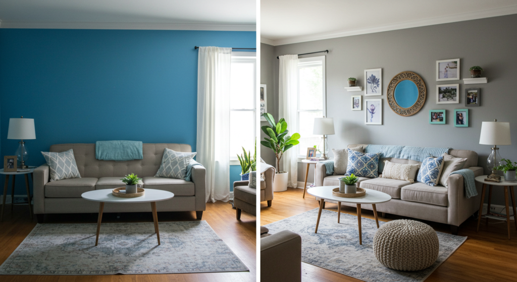 before and after comparison of a transformed living room on a budget