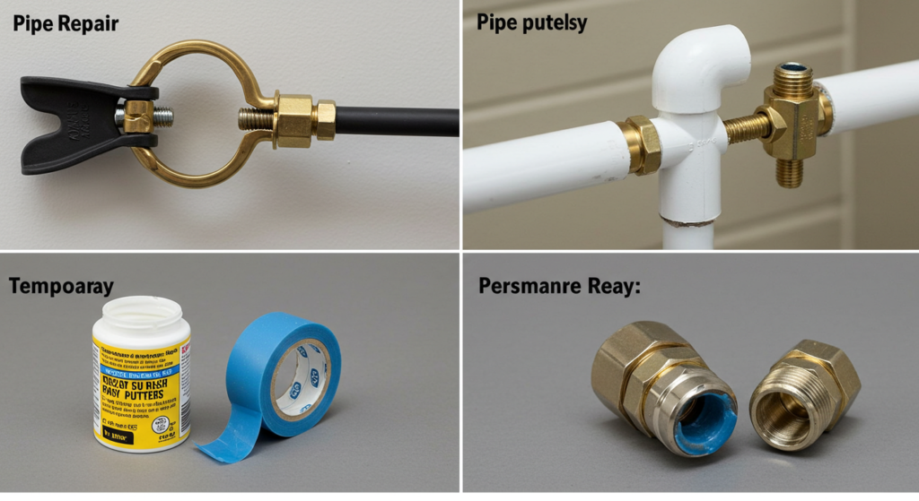 An image showcasing various temporary solutions for fixing a leaky pipe, such as a pipe repair clamp, plumber's tape, and epoxy putty, along with a permanent solution for replacing the damaged section with a compression fitting. 