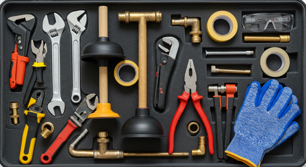 A well-organized DIY plumbing toolkit showing essential tools such as adjustable wrenches, plungers, plumber's tape, a pipe wrench, channel-lock pliers, a plumbing snake, and a basin wrench. The image also includes safety glasses and work gloves, emphasizing the importance of safety during plumbing repairs