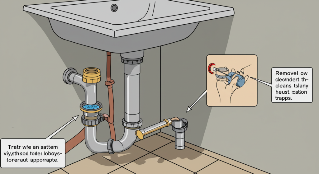 A diagram of a P-trap system located underneath a sink, which showcases how it works, and the process of removing and cleaning the trap. This image will help the user identify what a p-trap is, and how to properly clean it.