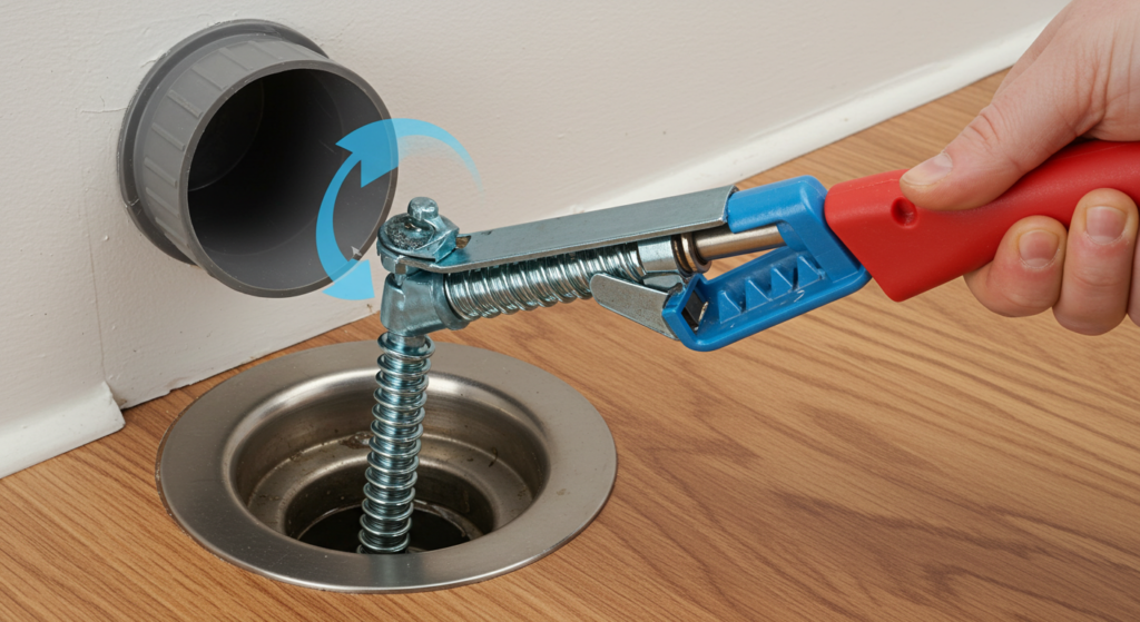 An image of a plumber's snake being used to unclog a drain , showing how it is inserted and rotated to break up a stubborn clog. 