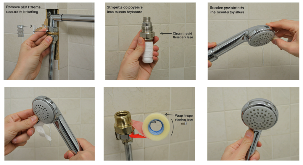  images showing how to remove an old shower head, clean the threads on the pipe, wrap the threads with plumber's tape, and install a new shower head, with all steps being clearly marked and highlighted. This highlights the steps to take for a successful install.