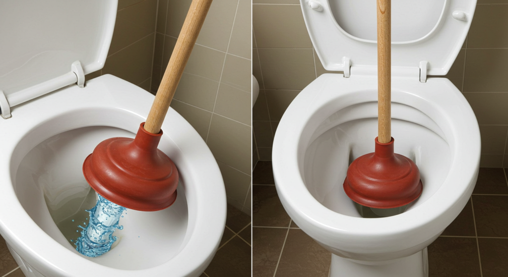 This image shows a flange plunger being used on a toilet bowl, and emphasizes the importance of creating a tight seal and plunging in a controlled manner. 