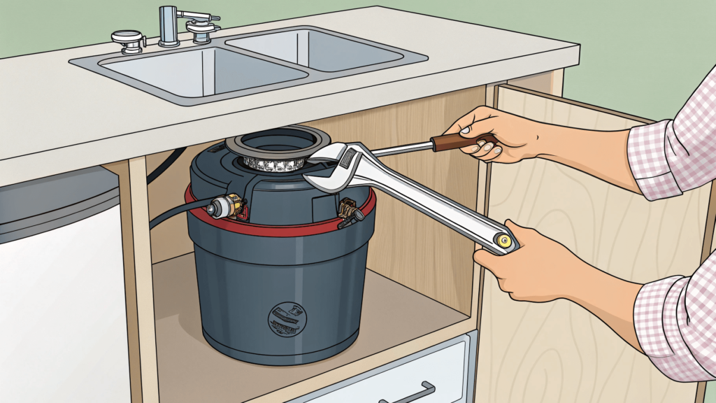 This image shows how to use an Allen wrench to dislodge a jam in a garbage disposal. 